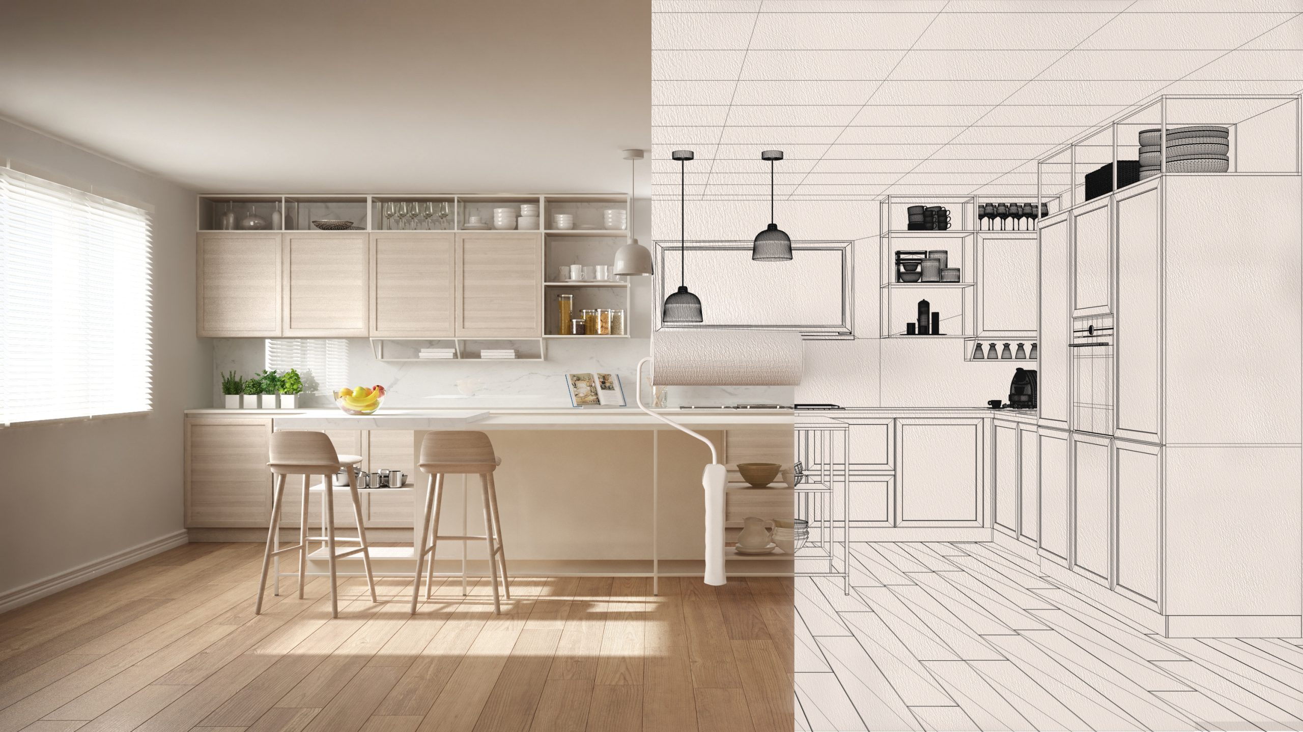Paint roller painting interior design blueprint sketch backgroun